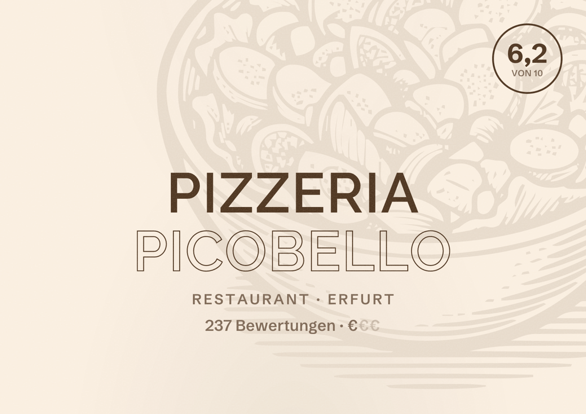 Illustriertes Poster von Pizzeria Picobello, Restaurant in Erfurt: Bewertung 6,2 von 10 aus 237 Bewertungen, Preisniveau €