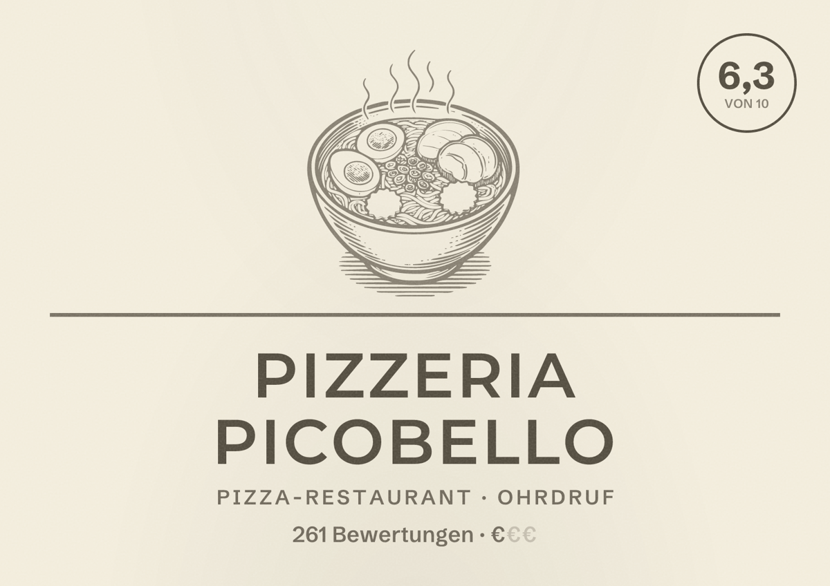 Illustriertes Poster von Pizzeria Picobello, Pizza-Restaurant in Ohrdruf: Bewertung 6,3 von 10 aus 261 Bewertungen, Preisniveau €