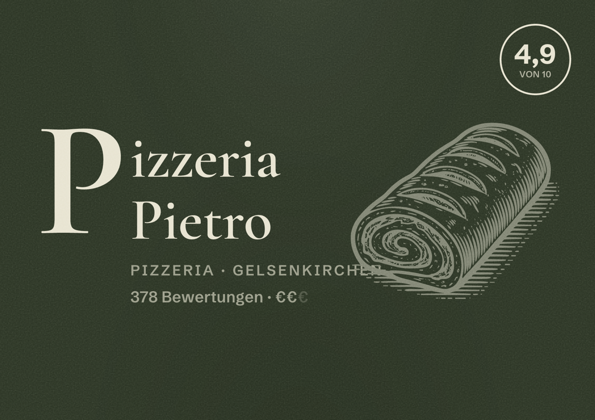 Illustriertes Poster von Pizzeria Pietro, Pizzeria in Gelsenkirchen: Bewertung 4,9 von 10 aus 378 Bewertungen, Preisniveau €€