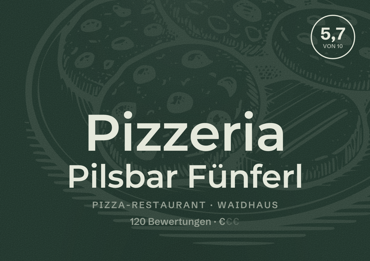 Illustriertes Poster von Pizzeria Pilsbar Fünferl, Pizza-Restaurant in Waidhaus: Bewertung 5,7 von 10 aus 120 Bewertungen, Preisniveau €