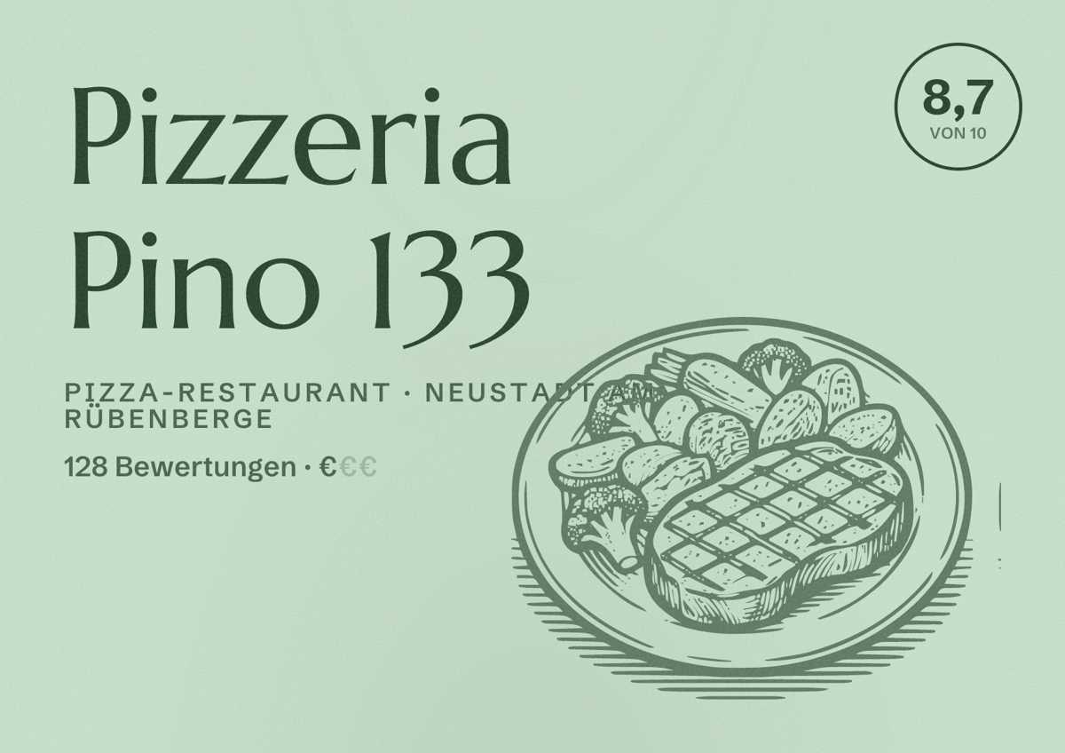 Illustriertes Poster von Pizzeria Pino 133, Pizza-Restaurant in Neustadt am Rübenberge: Bewertung 8,7 von 10 aus 128 Bewertungen, Preisniveau €