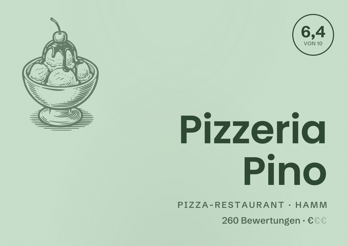 Illustriertes Poster von Pizzeria Pino, Pizza-Restaurant in Hamm: Bewertung 6,4 von 10 aus 260 Bewertungen, Preisniveau €