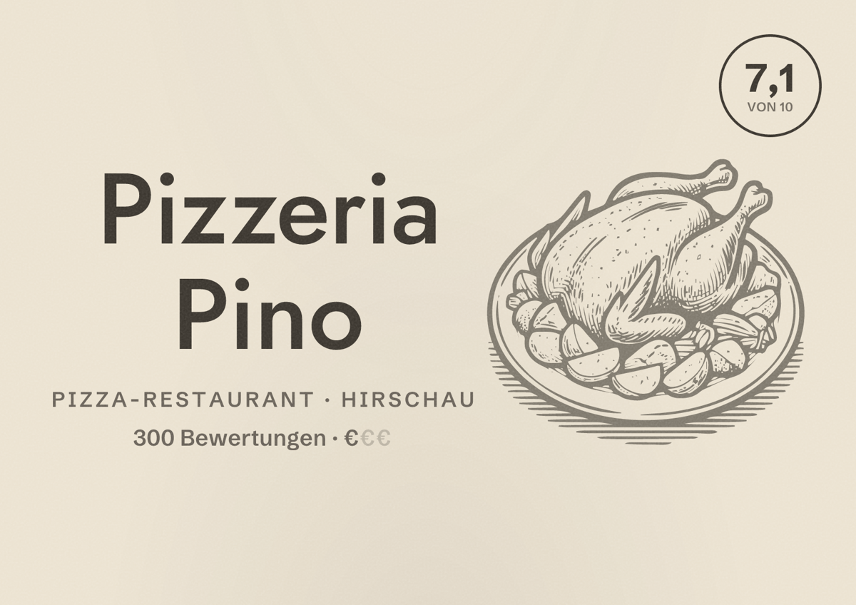 Illustriertes Poster von Pizzeria Pino, Pizza-Restaurant in Hirschau: Bewertung 7,1 von 10 aus 300 Bewertungen, Preisniveau €