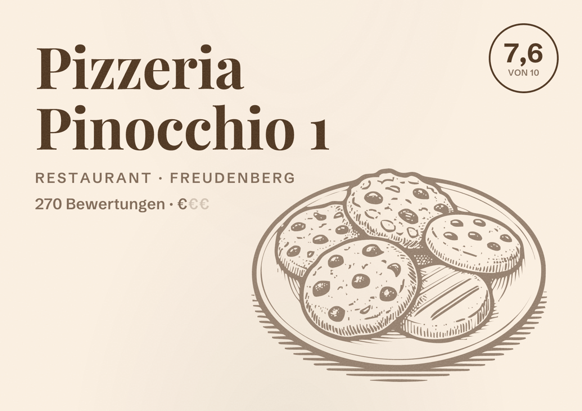 Illustriertes Poster von Pizzeria Pinocchio 1, Restaurant in Freudenberg: Bewertung 7,6 von 10 aus 270 Bewertungen, Preisniveau €
