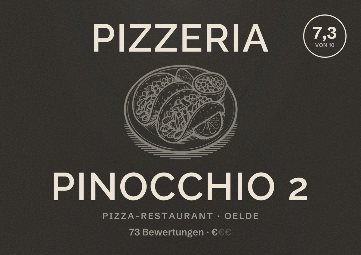 Illustriertes Poster von Pizzeria Pinocchio 2, Pizza-Restaurant in Oelde: Bewertung 7,3 von 10 aus 73 Bewertungen, Preisniveau €