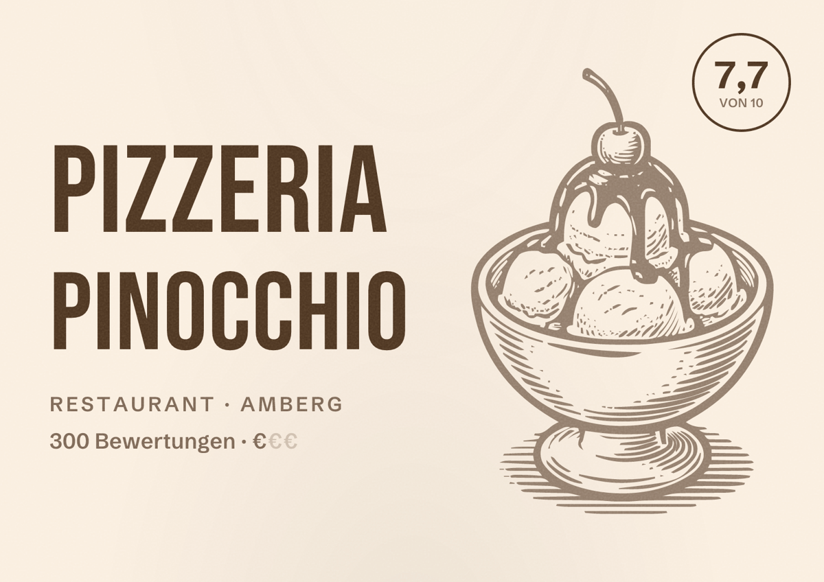 Illustriertes Poster von Pizzeria Pinocchio, Restaurant in Amberg: Bewertung 7,7 von 10 aus 300 Bewertungen, Preisniveau €