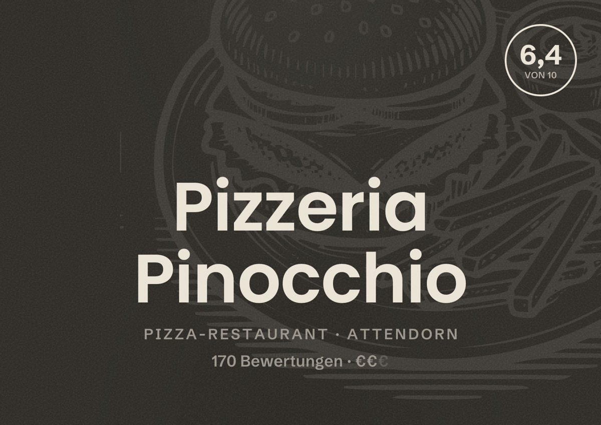 Illustriertes Poster von Pizzeria Pinocchio, Pizza-Restaurant in Attendorn: Bewertung 6,4 von 10 aus 170 Bewertungen, Preisniveau €€