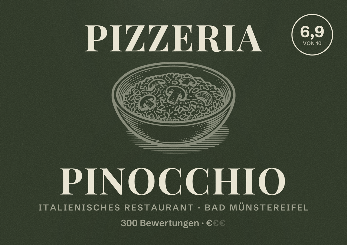 Illustriertes Poster von Pizzeria Pinocchio, Italienisches Restaurant in Bad Münstereifel: Bewertung 6,9 von 10 aus 300 Bewertungen, Preisniveau €