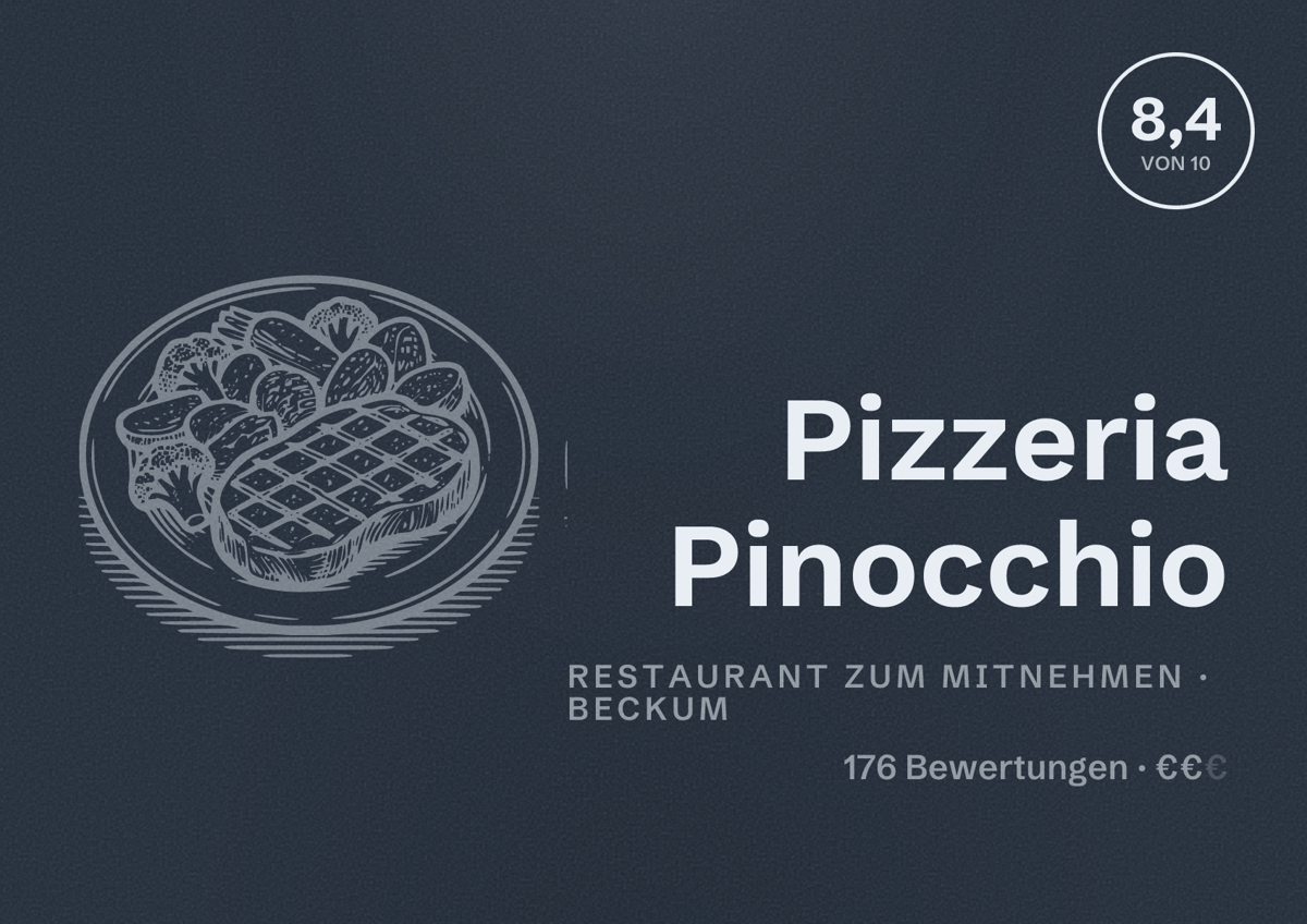 Illustriertes Poster von Pizzeria Pinocchio, Restaurant zum Mitnehmen in Beckum: Bewertung 8,4 von 10 aus 176 Bewertungen, Preisniveau €€