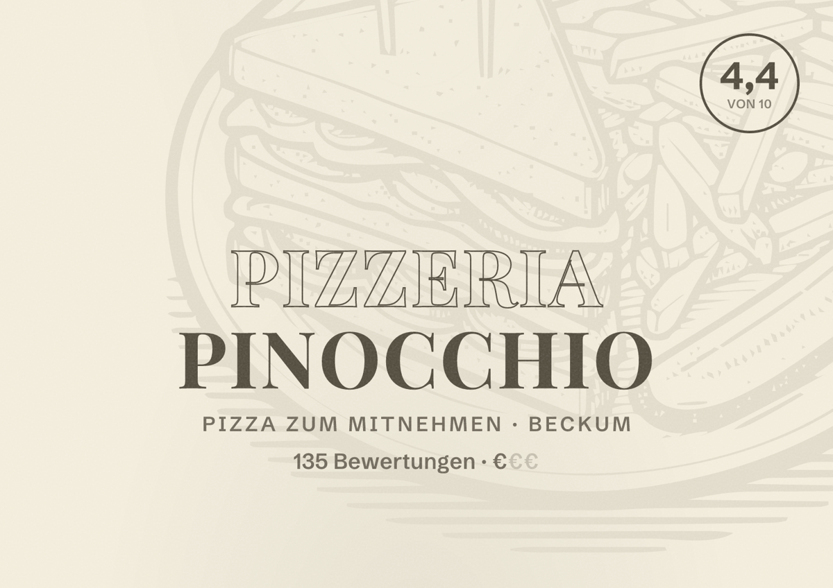 Illustriertes Poster von Pizzeria Pinocchio, Pizza zum Mitnehmen in Beckum: Bewertung 4,4 von 10 aus 135 Bewertungen, Preisniveau €