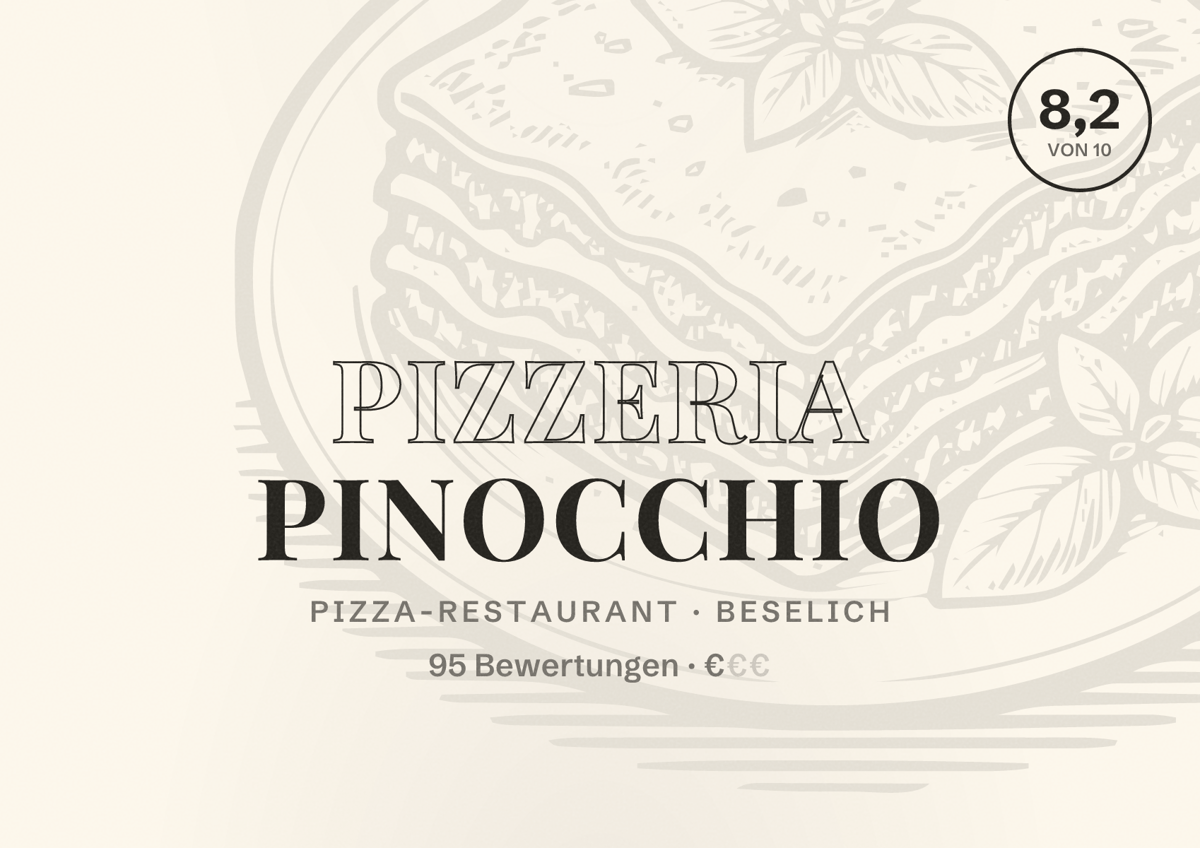 Illustriertes Poster von Pizzeria Pinocchio, Pizza-Restaurant in Beselich: Bewertung 8,2 von 10 aus 95 Bewertungen, Preisniveau €