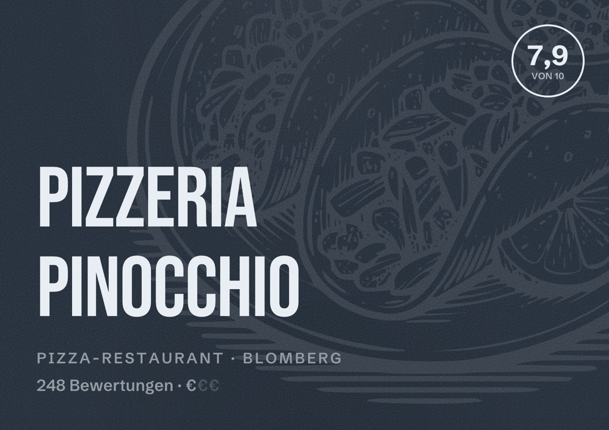 Illustriertes Poster von Pizzeria Pinocchio, Pizza-Restaurant in Blomberg: Bewertung 7,9 von 10 aus 248 Bewertungen, Preisniveau €