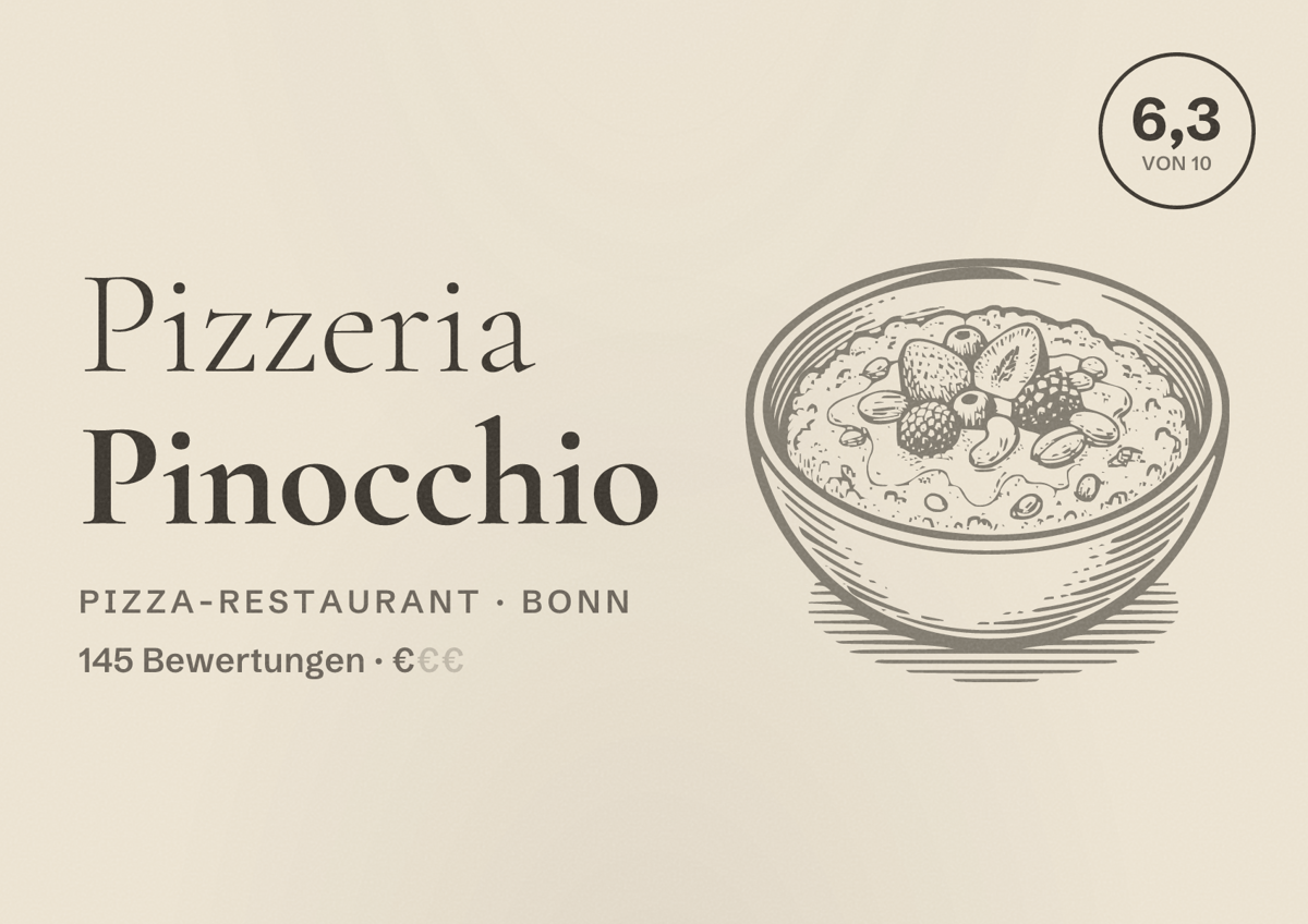 Illustriertes Poster von Pizzeria Pinocchio, Pizza-Restaurant in Bonn: Bewertung 6,3 von 10 aus 145 Bewertungen, Preisniveau €