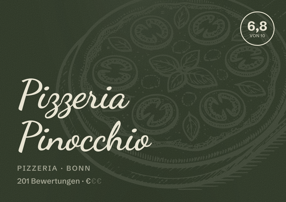 Illustriertes Poster von Pizzeria Pinocchio, Pizzeria in Bonn: Bewertung 6,8 von 10 aus 201 Bewertungen, Preisniveau €