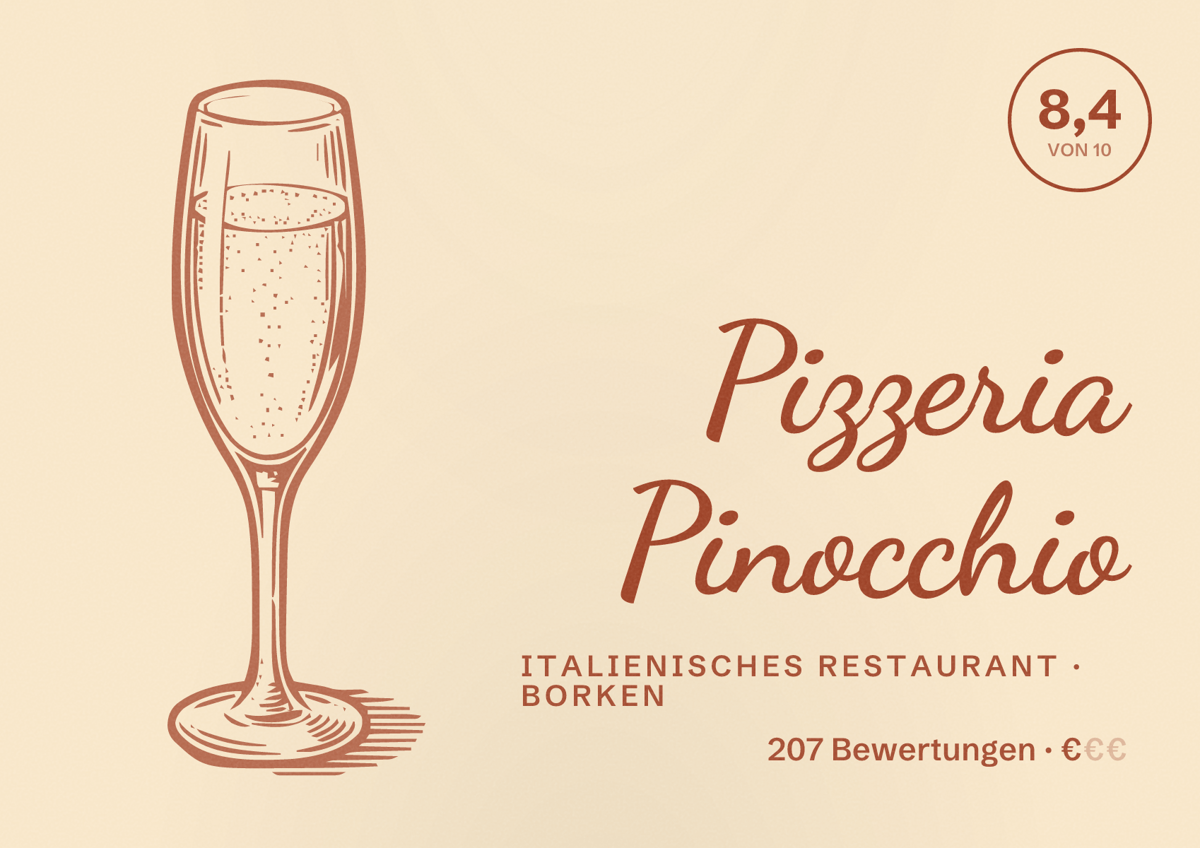 Illustriertes Poster von Pizzeria Pinocchio, Italienisches Restaurant in Borken: Bewertung 8,4 von 10 aus 207 Bewertungen, Preisniveau €
