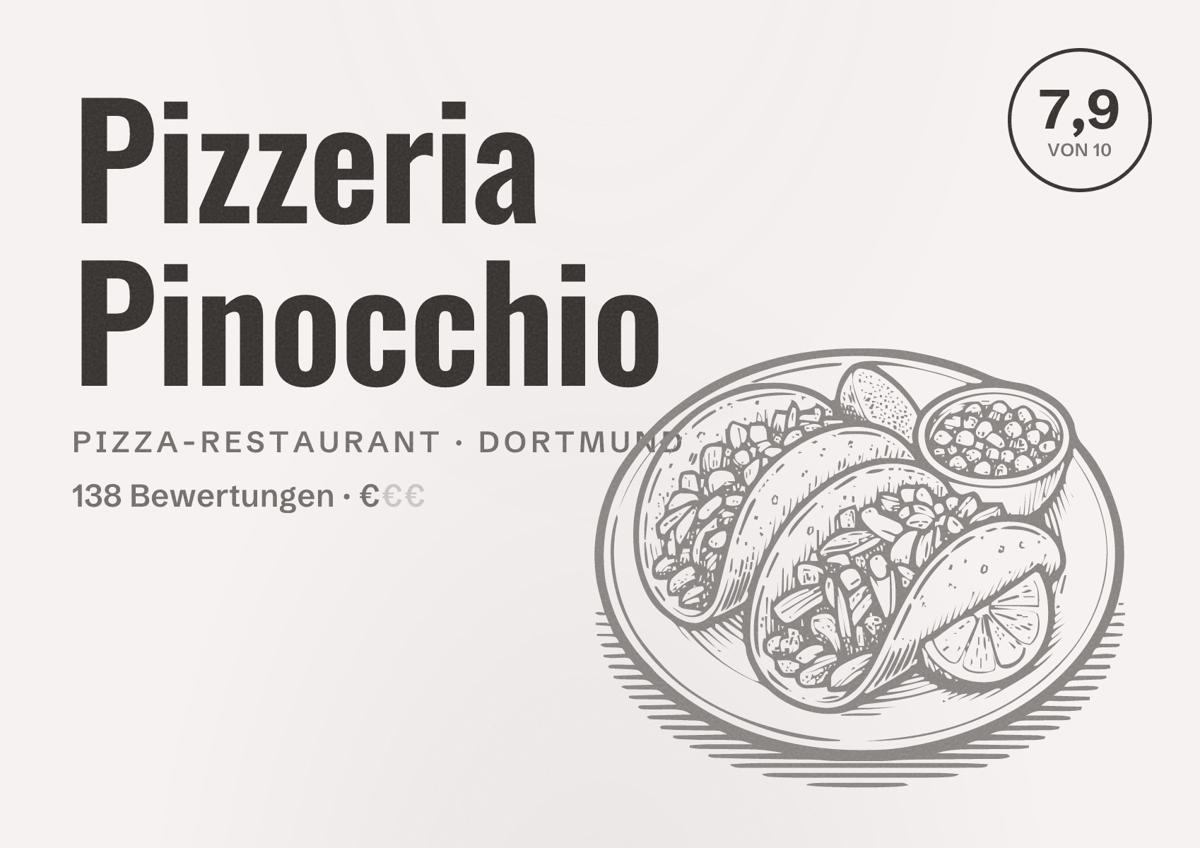 Illustriertes Poster von Pizzeria Pinocchio, Pizza-Restaurant in Dortmund: Bewertung 7,9 von 10 aus 138 Bewertungen, Preisniveau €