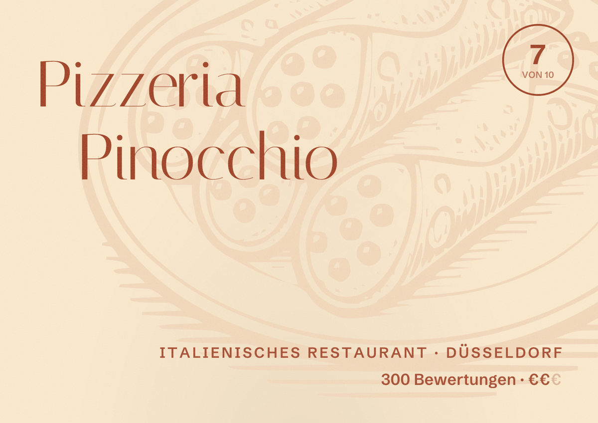 Illustriertes Poster von Pizzeria Pinocchio, Italienisches Restaurant in Düsseldorf: Bewertung 7,0 von 10 aus 300 Bewertungen, Preisniveau €€