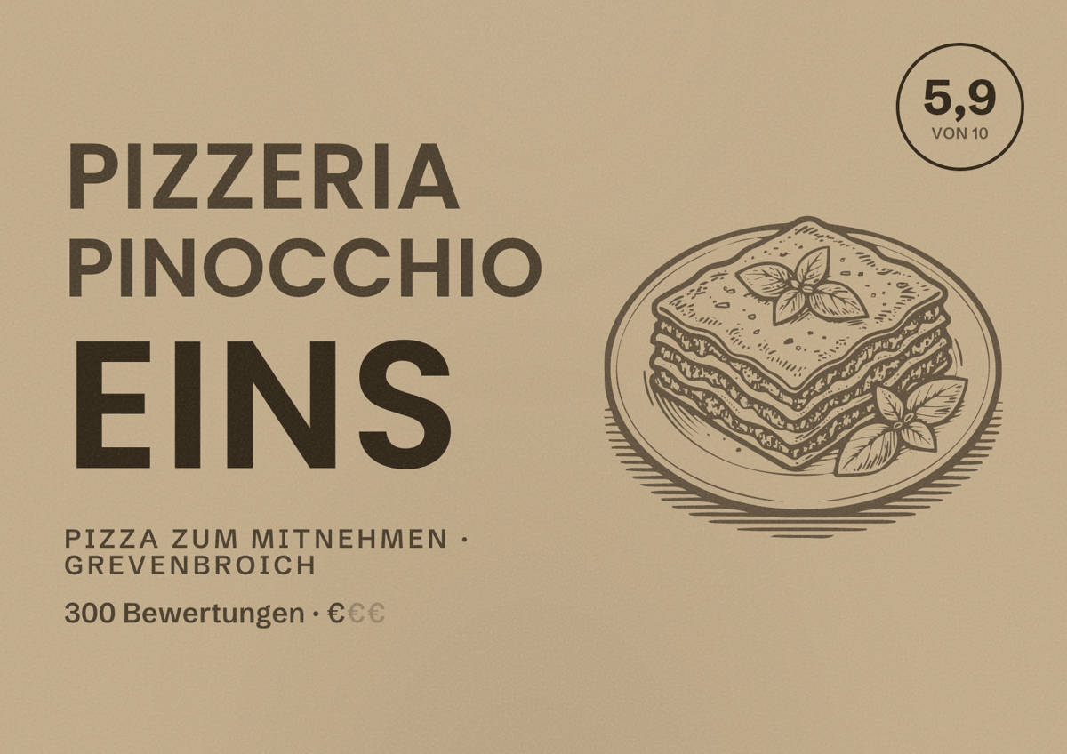 Illustriertes Poster von Pizzeria Pinocchio eins, Pizza zum Mitnehmen in Grevenbroich: Bewertung 5,9 von 10 aus 300 Bewertungen, Preisniveau €