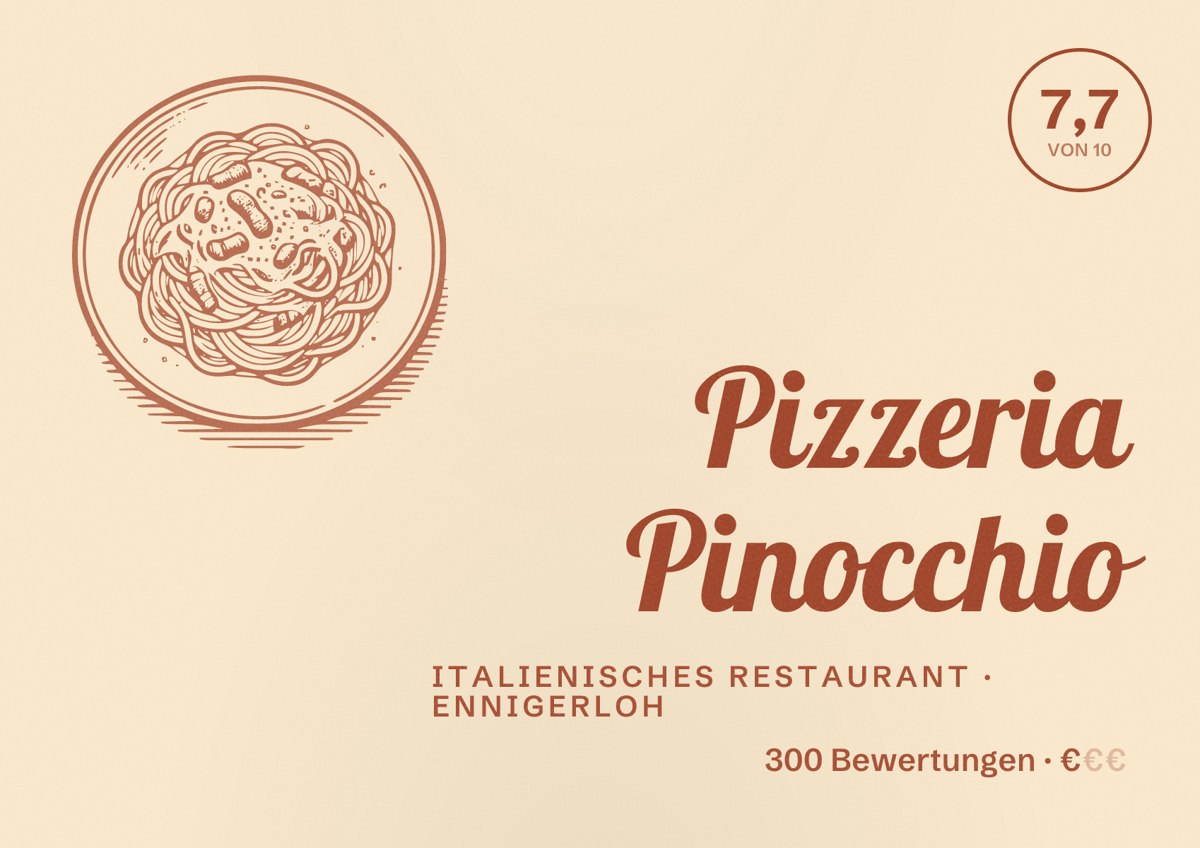 Illustriertes Poster von Pizzeria Pinocchio, Italienisches Restaurant in Ennigerloh: Bewertung 7,7 von 10 aus 300 Bewertungen, Preisniveau €
