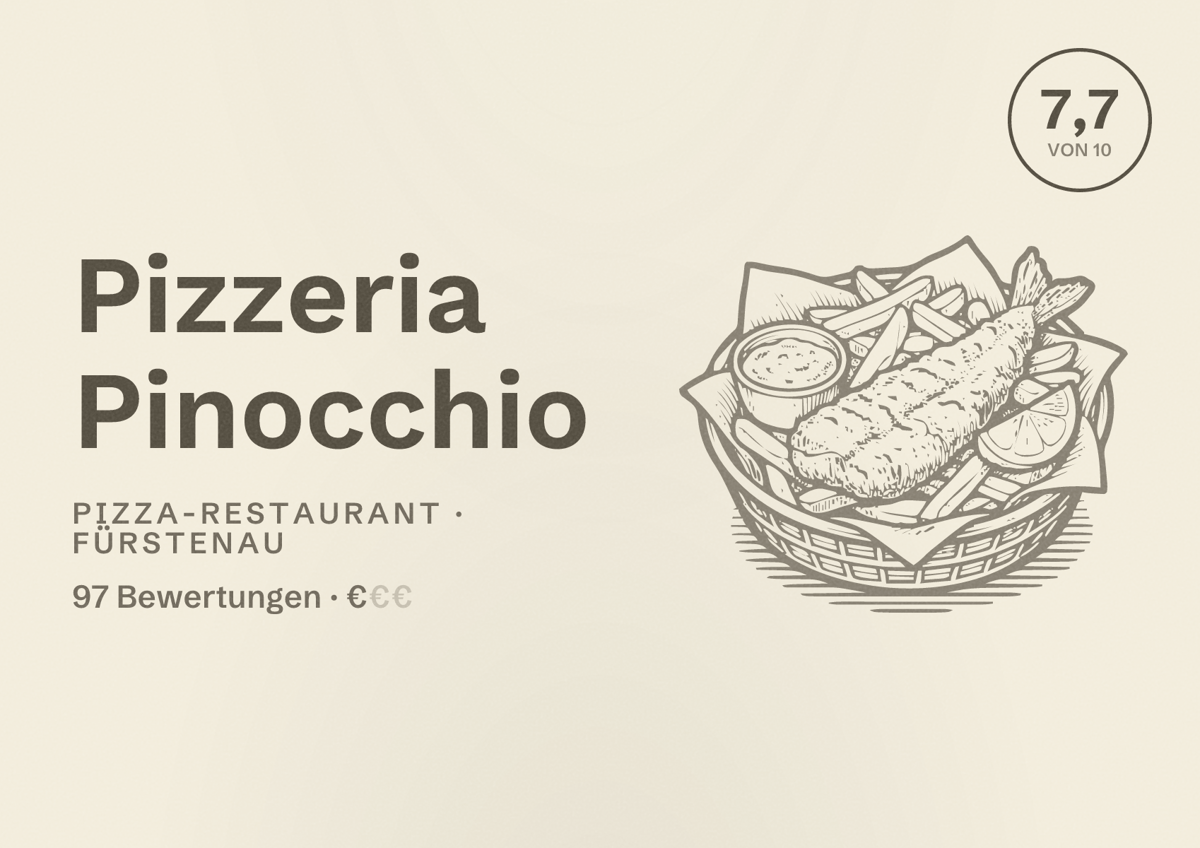 Illustriertes Poster von Pizzeria Pinocchio, Pizza-Restaurant in Fürstenau: Bewertung 7,7 von 10 aus 97 Bewertungen, Preisniveau €
