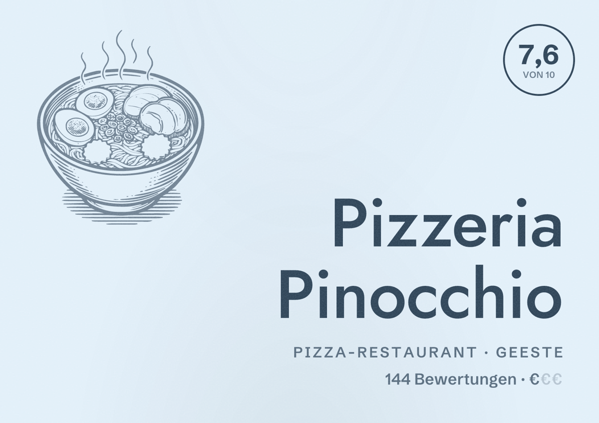 Illustriertes Poster von Pizzeria Pinocchio, Pizza-Restaurant in Geeste: Bewertung 7,6 von 10 aus 144 Bewertungen, Preisniveau €