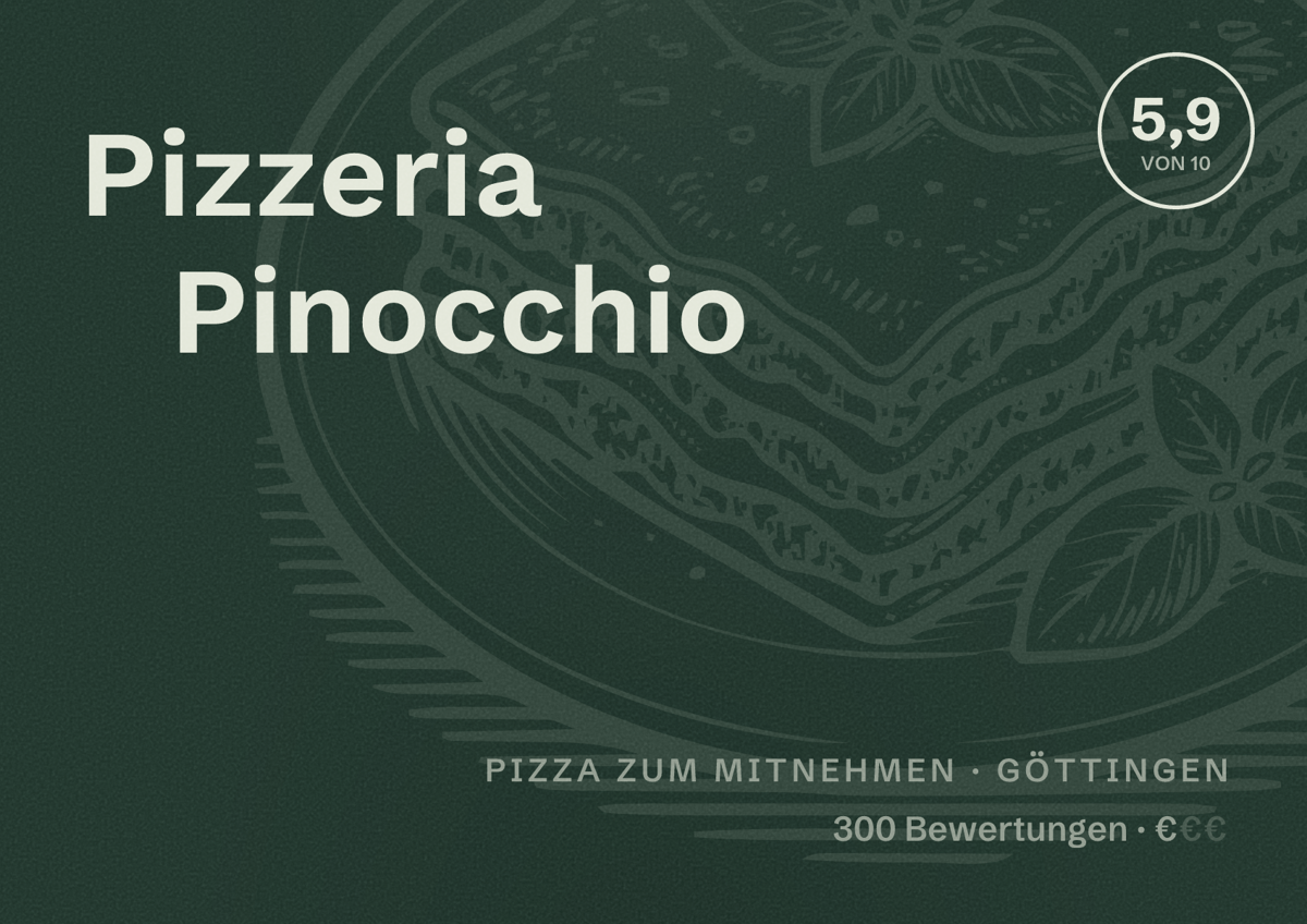 Illustriertes Poster von Pizzeria Pinocchio, Pizza zum Mitnehmen in Göttingen: Bewertung 5,9 von 10 aus 300 Bewertungen, Preisniveau €