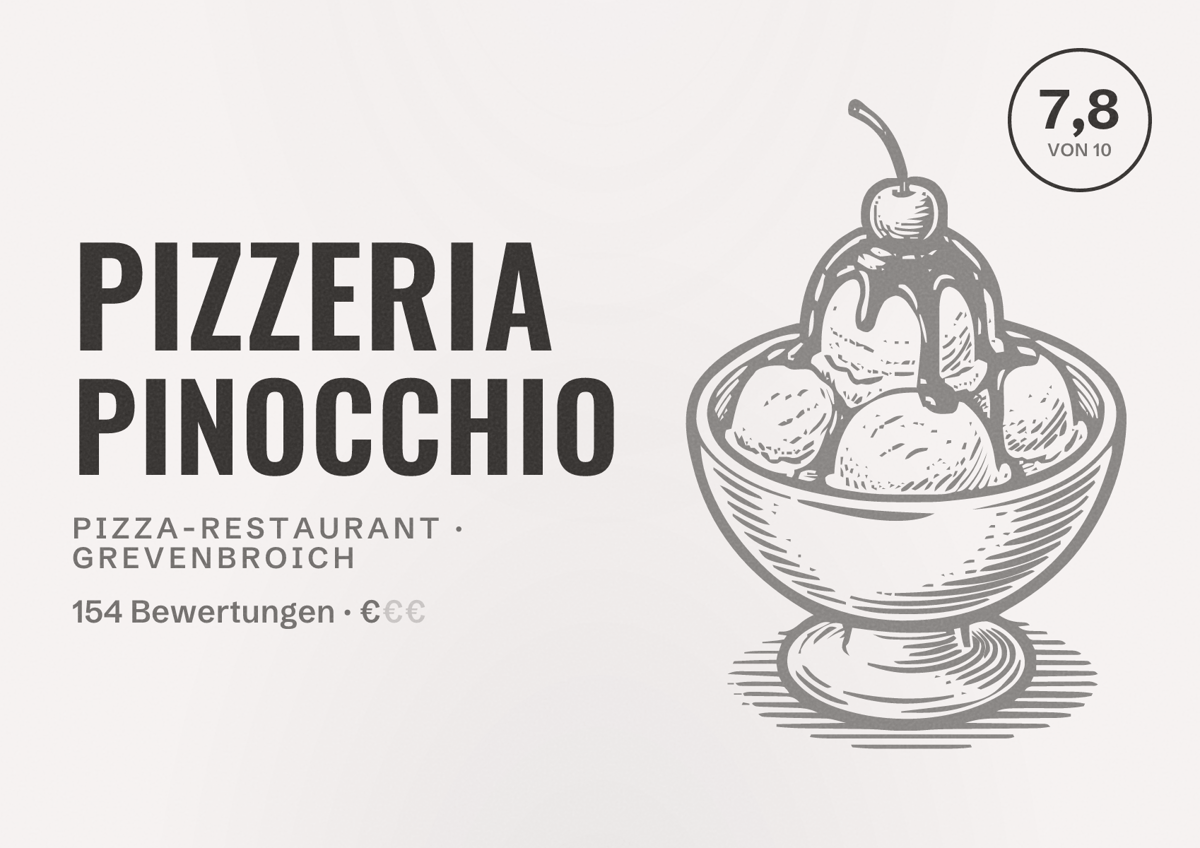 Illustriertes Poster von Pizzeria Pinocchio, Pizza-Restaurant in Grevenbroich: Bewertung 7,8 von 10 aus 154 Bewertungen, Preisniveau €