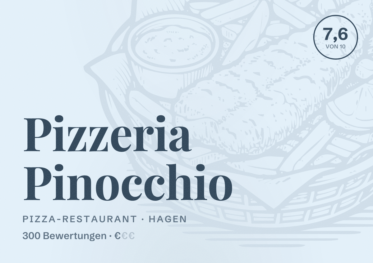 Illustriertes Poster von Pizzeria Pinocchio, Pizza-Restaurant in Hagen: Bewertung 7,6 von 10 aus 300 Bewertungen, Preisniveau €