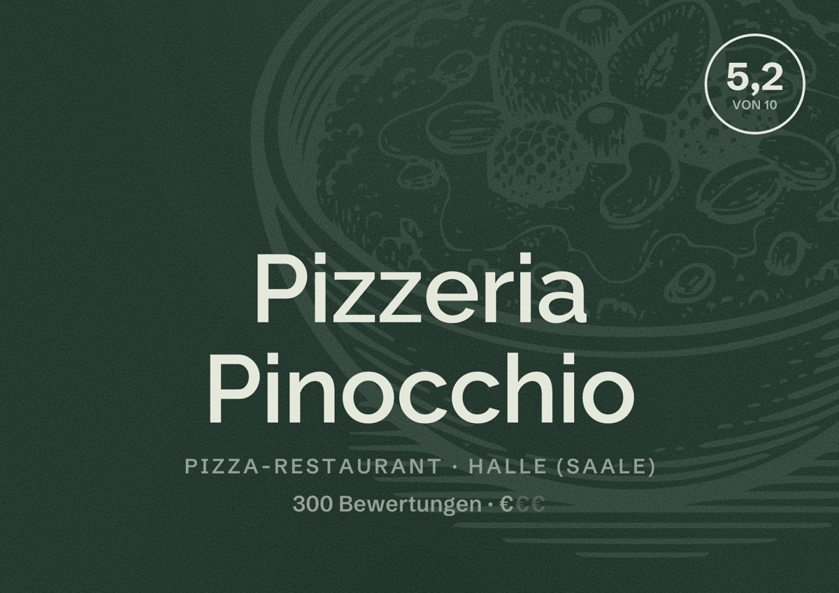 Illustriertes Poster von Pizzeria Pinocchio, Pizza-Restaurant in Halle (Saale): Bewertung 5,2 von 10 aus 300 Bewertungen, Preisniveau €