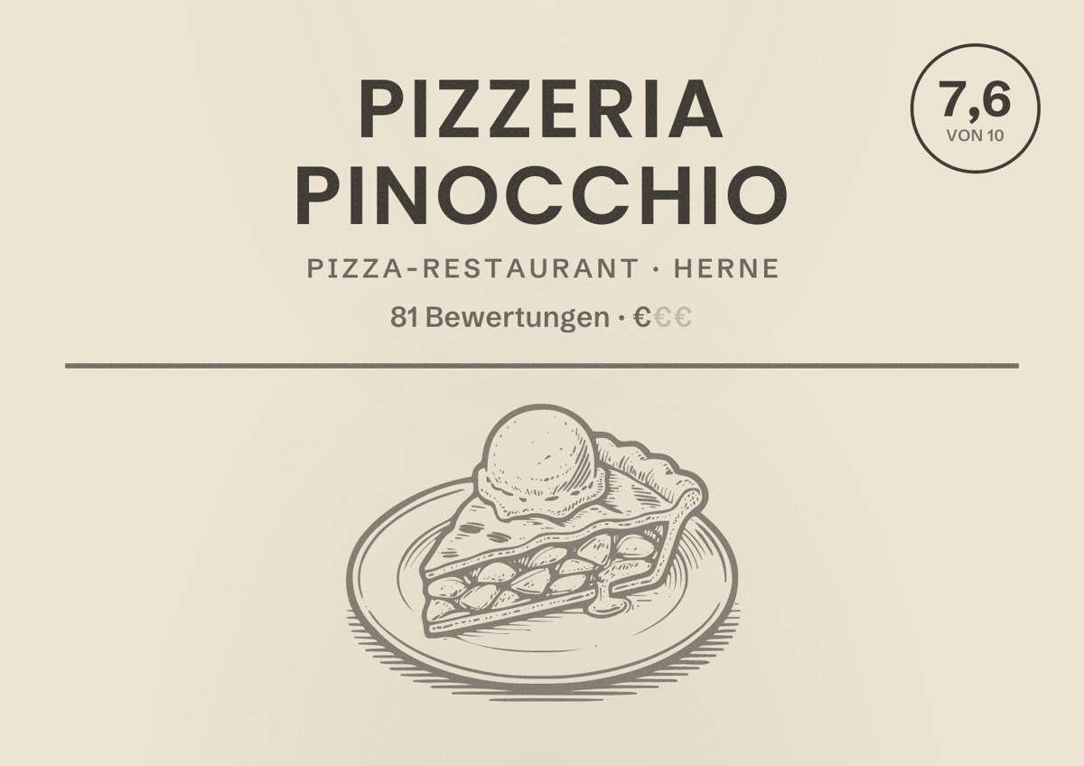 Illustriertes Poster von pizzeria pinocchio, Pizza-Restaurant in Herne: Bewertung 7,6 von 10 aus 81 Bewertungen, Preisniveau €