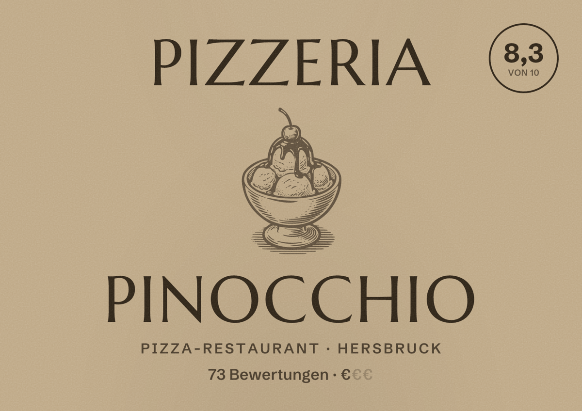 Illustriertes Poster von Pizzeria Pinocchio, Pizza-Restaurant in Hersbruck: Bewertung 8,3 von 10 aus 73 Bewertungen, Preisniveau €