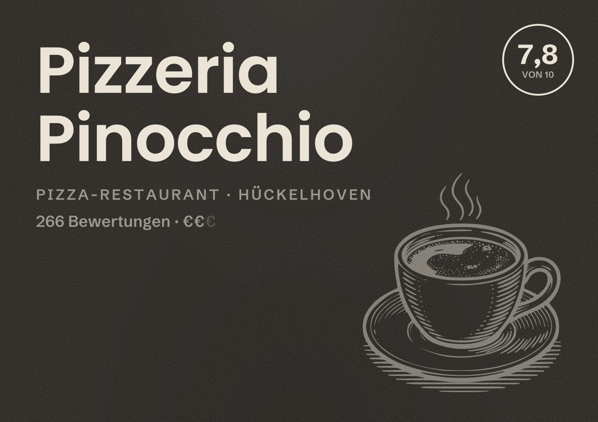 Illustriertes Poster von Pizzeria Pinocchio, Pizza-Restaurant in Hückelhoven: Bewertung 7,8 von 10 aus 266 Bewertungen, Preisniveau €€