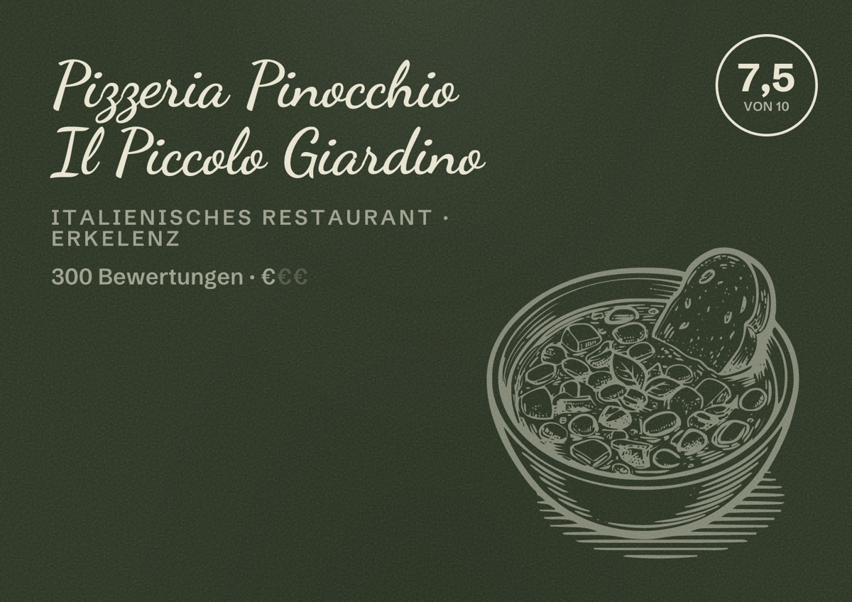 Illustriertes Poster von Pizzeria Pinocchio Il Piccolo Giardino, Italienisches Restaurant in Erkelenz: Bewertung 7,5 von 10 aus 300 Bewertungen, Preisniveau €