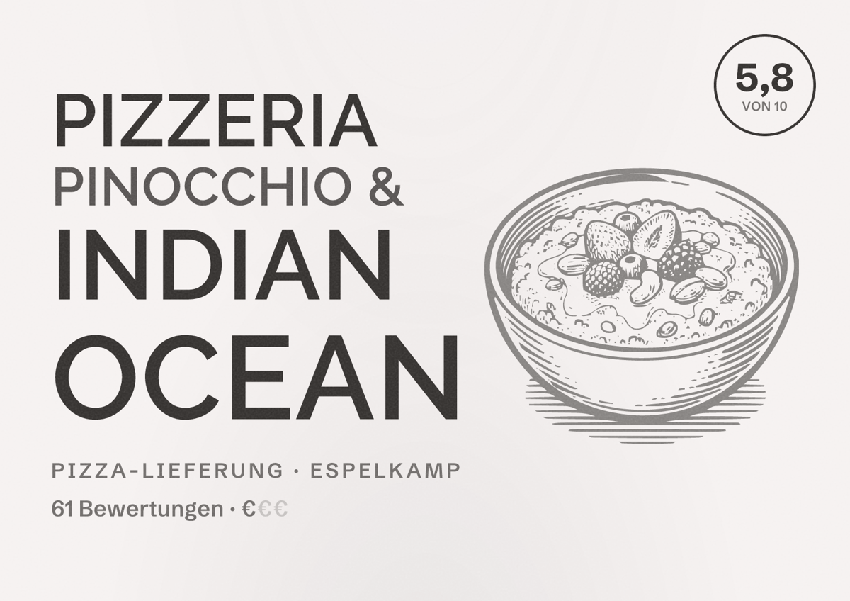 Illustriertes Poster von Pizzeria Pinocchio & Indian Ocean, Pizza-Lieferung in Espelkamp: Bewertung 5,8 von 10 aus 61 Bewertungen, Preisniveau €