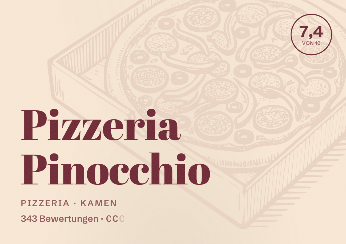 Illustriertes Poster von Pizzeria Pinocchio, Pizzeria in Kamen: Bewertung 7,4 von 10 aus 343 Bewertungen, Preisniveau €€