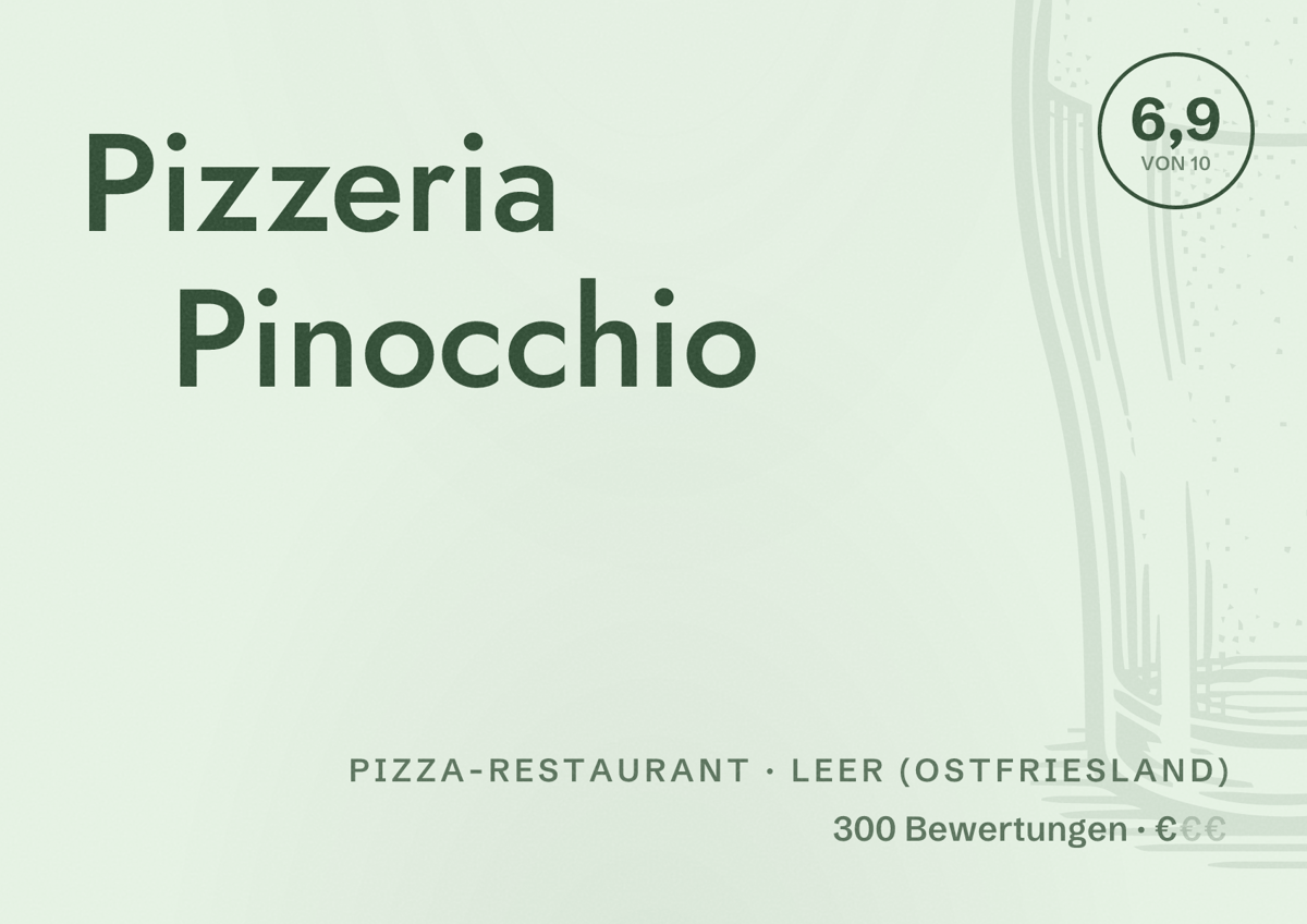 Illustriertes Poster von Pizzeria Pinocchio, Pizza-Restaurant in Leer (Ostfriesland): Bewertung 6,9 von 10 aus 300 Bewertungen, Preisniveau €