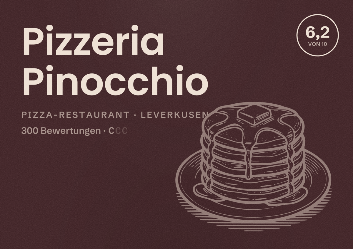 Illustriertes Poster von Pizzeria Pinocchio, Pizza-Restaurant in Leverkusen: Bewertung 6,2 von 10 aus 300 Bewertungen, Preisniveau €