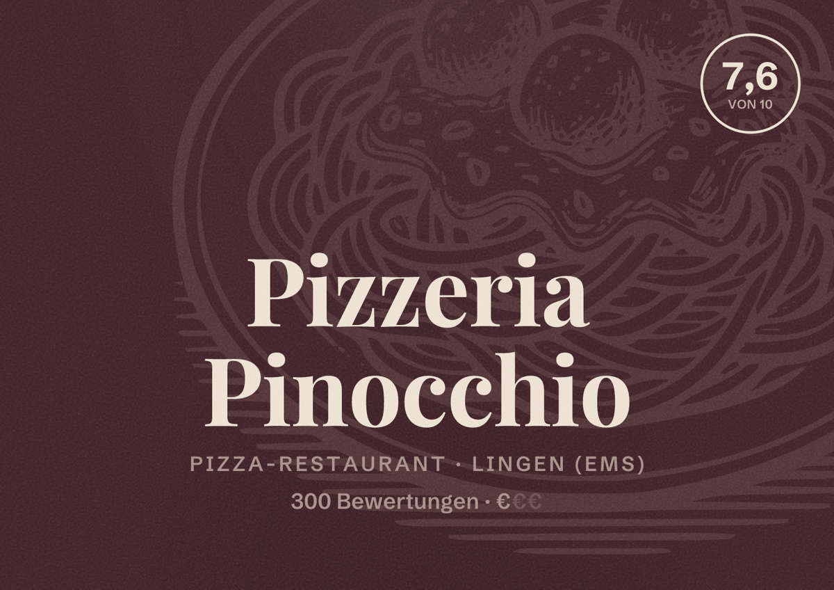 Illustriertes Poster von Pizzeria Pinocchio, Pizza-Restaurant in Lingen (Ems): Bewertung 7,6 von 10 aus 300 Bewertungen, Preisniveau €
