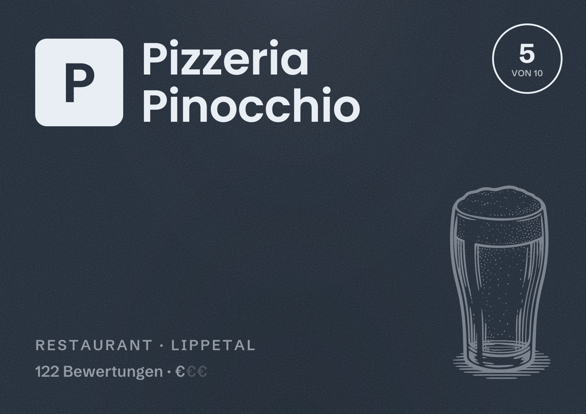Illustriertes Poster von Pizzeria Pinocchio, Restaurant in Lippetal: Bewertung 5 von 10 aus 122 Bewertungen, Preisniveau €