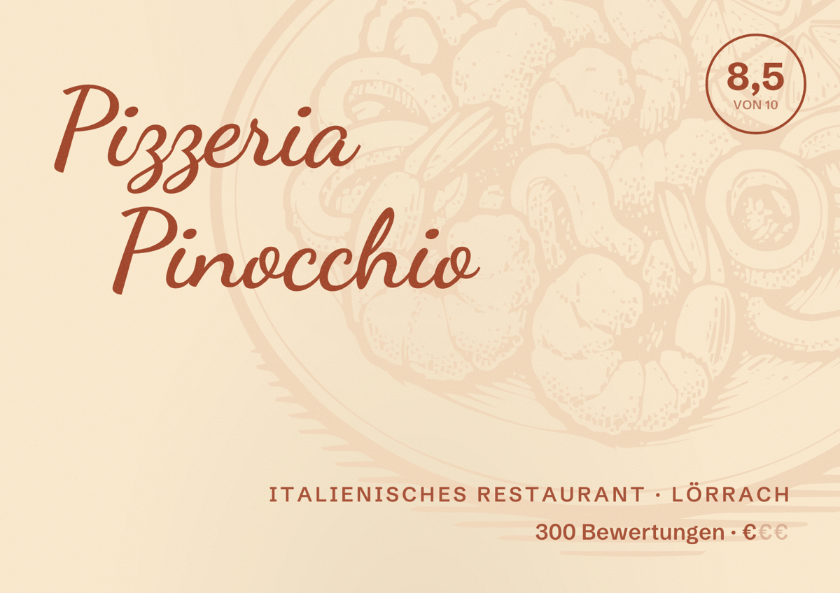 Illustriertes Poster von Pizzeria Pinocchio, Italienisches Restaurant in Lörrach: Bewertung 8,5 von 10 aus 300 Bewertungen, Preisniveau €