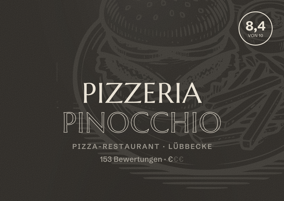Illustriertes Poster von Pizzeria Pinocchio, Pizza-Restaurant in Lübbecke: Bewertung 8,4 von 10 aus 153 Bewertungen, Preisniveau €