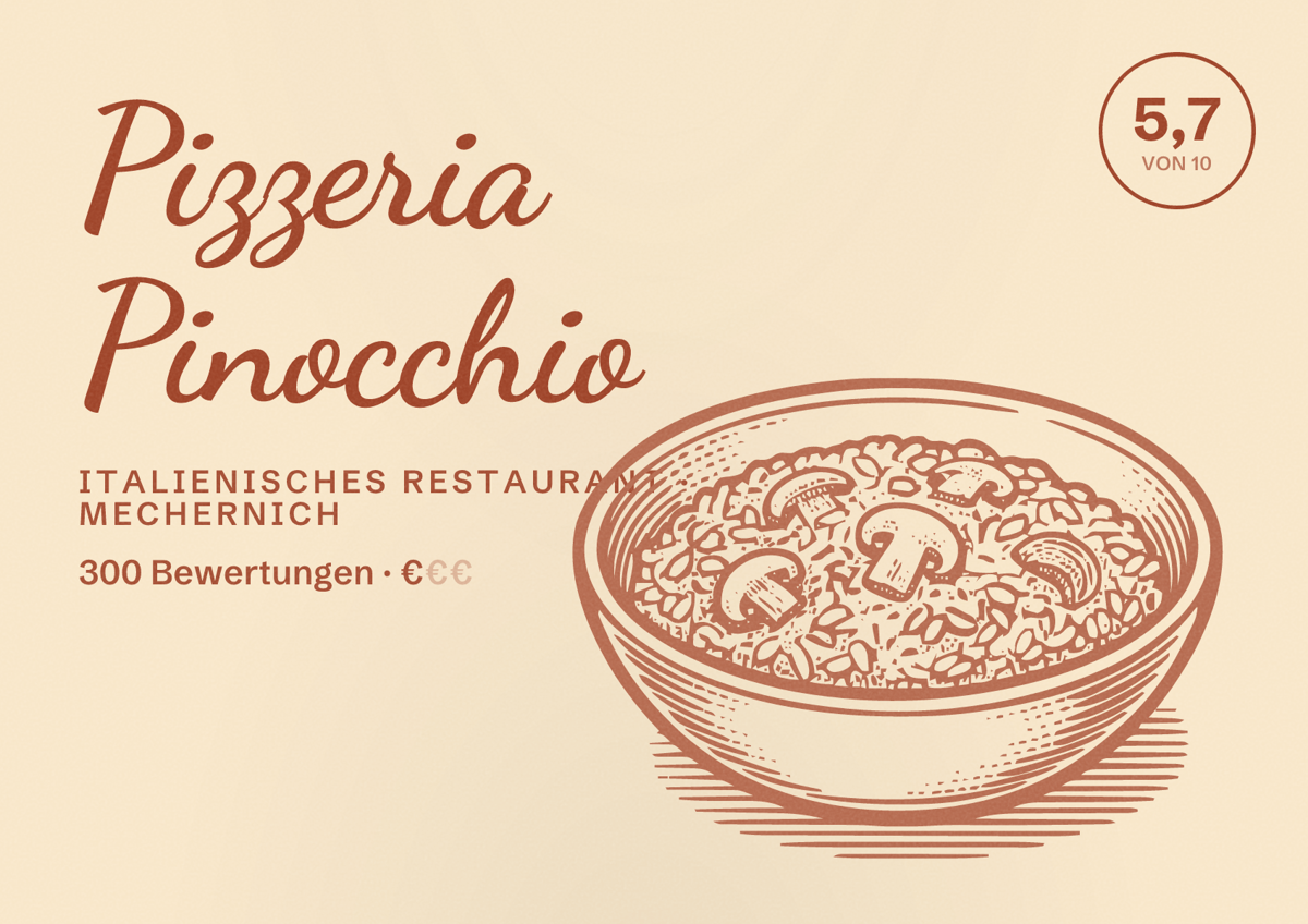 Illustriertes Poster von Pizzeria Pinocchio, Italienisches Restaurant in Mechernich: Bewertung 5,7 von 10 aus 300 Bewertungen, Preisniveau €