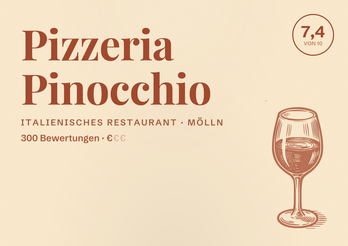 Illustriertes Poster von Pizzeria Pinocchio, Italienisches Restaurant in Mölln: Bewertung 7,4 von 10 aus 300 Bewertungen, Preisniveau €