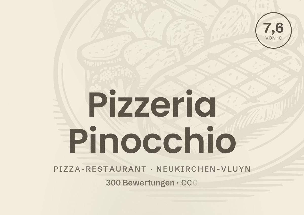 Illustriertes Poster von Pizzeria Pinocchio, Pizza-Restaurant in Neukirchen-Vluyn: Bewertung 7,6 von 10 aus 300 Bewertungen, Preisniveau €€