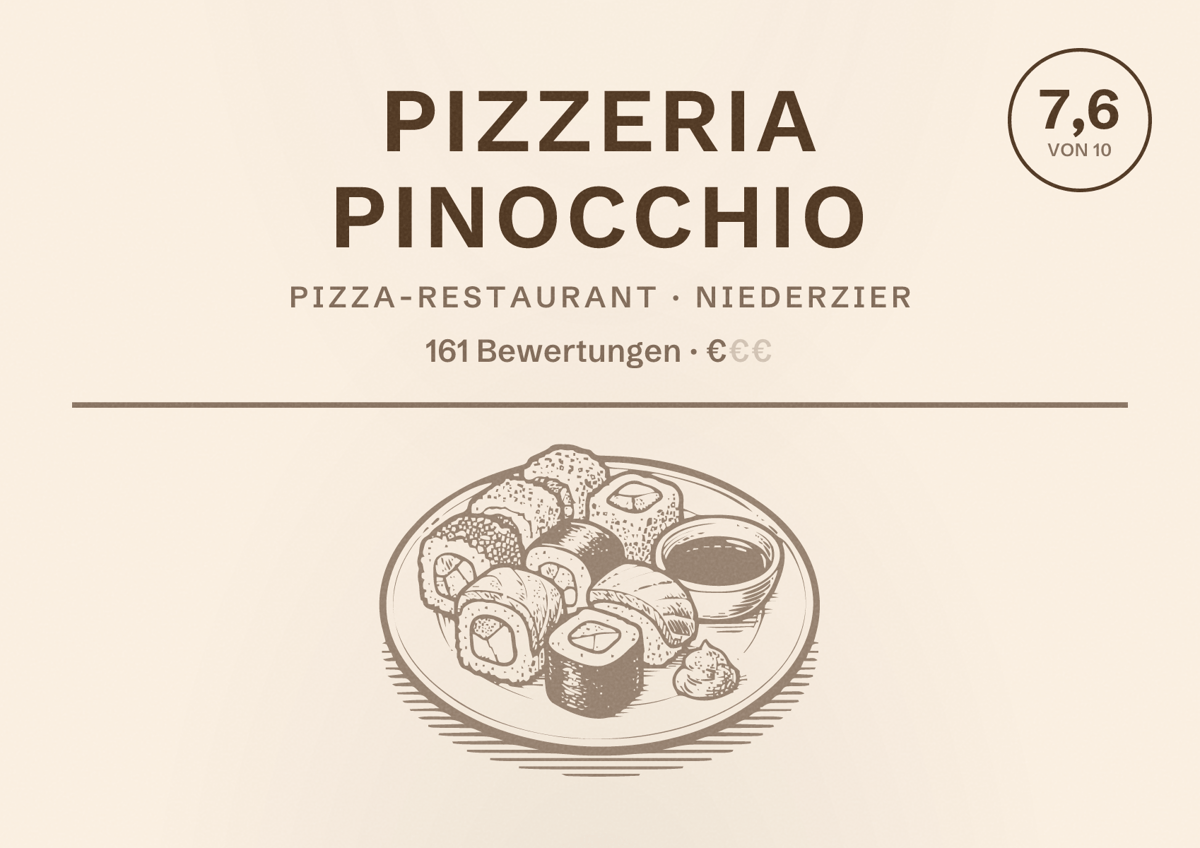 Illustriertes Poster von Pizzeria Pinocchio, Pizza-Restaurant in Niederzier: Bewertung 7,6 von 10 aus 161 Bewertungen, Preisniveau €