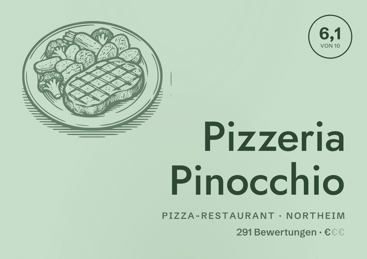 Illustriertes Poster von Pizzeria Pinocchio, Pizza-Restaurant in Northeim: Bewertung 6,1 von 10 aus 291 Bewertungen, Preisniveau €
