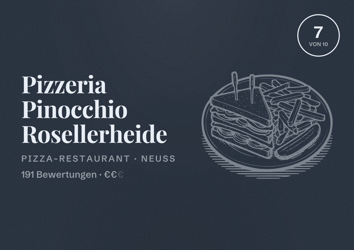 Illustriertes Poster von Pizzeria Pinocchio Rosellerheide, Pizza-Restaurant in Neuss: Bewertung 7 von 10 aus 191 Bewertungen, Preisniveau €€