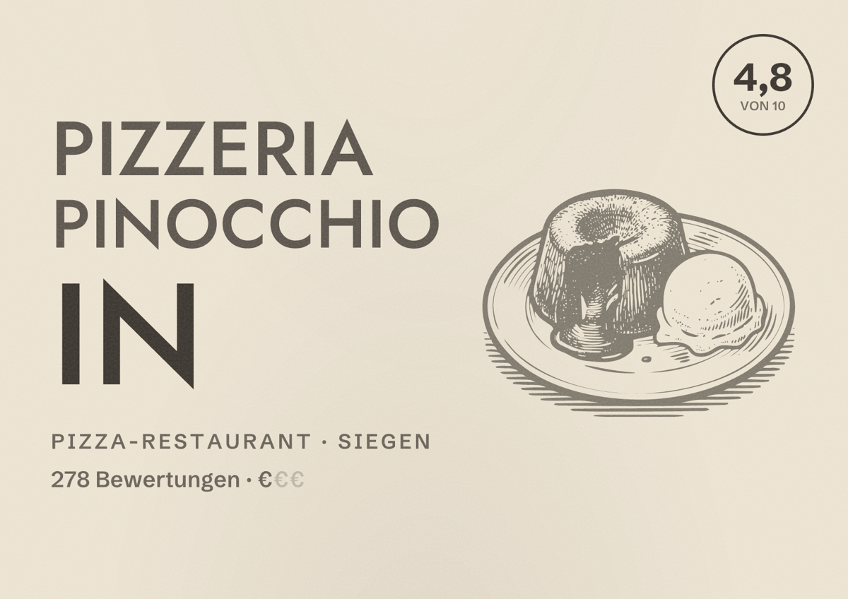 Illustriertes Poster von Pizzeria Pinocchio in, Pizza-Restaurant in Siegen: Bewertung 4,8 von 10 aus 278 Bewertungen, Preisniveau €