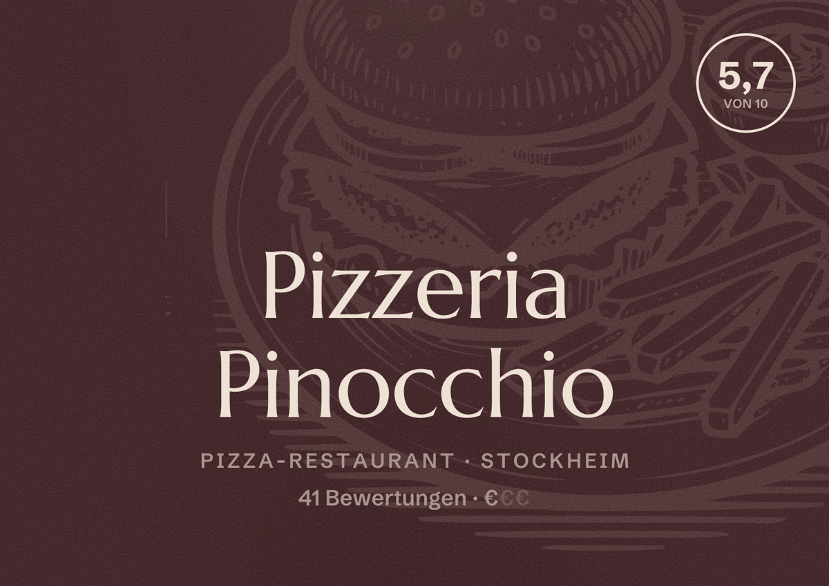 Illustriertes Poster von Pizzeria Pinocchio, Pizza-Restaurant in Stockheim: Bewertung 5,7 von 10 aus 41 Bewertungen, Preisniveau €