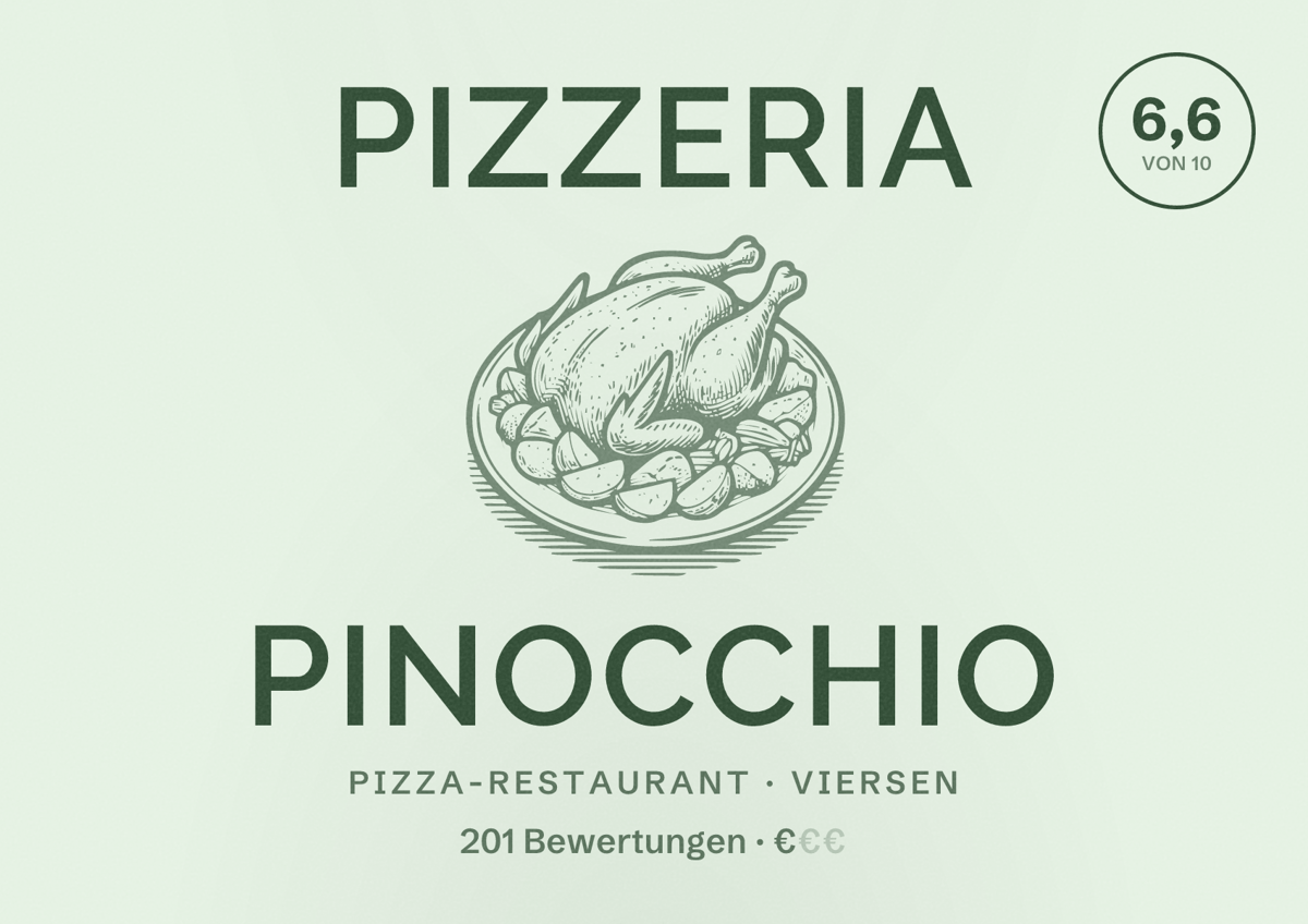 Illustriertes Poster von Pizzeria Pinocchio, Pizza-Restaurant in Viersen: Bewertung 6,6 von 10 aus 201 Bewertungen, Preisniveau €